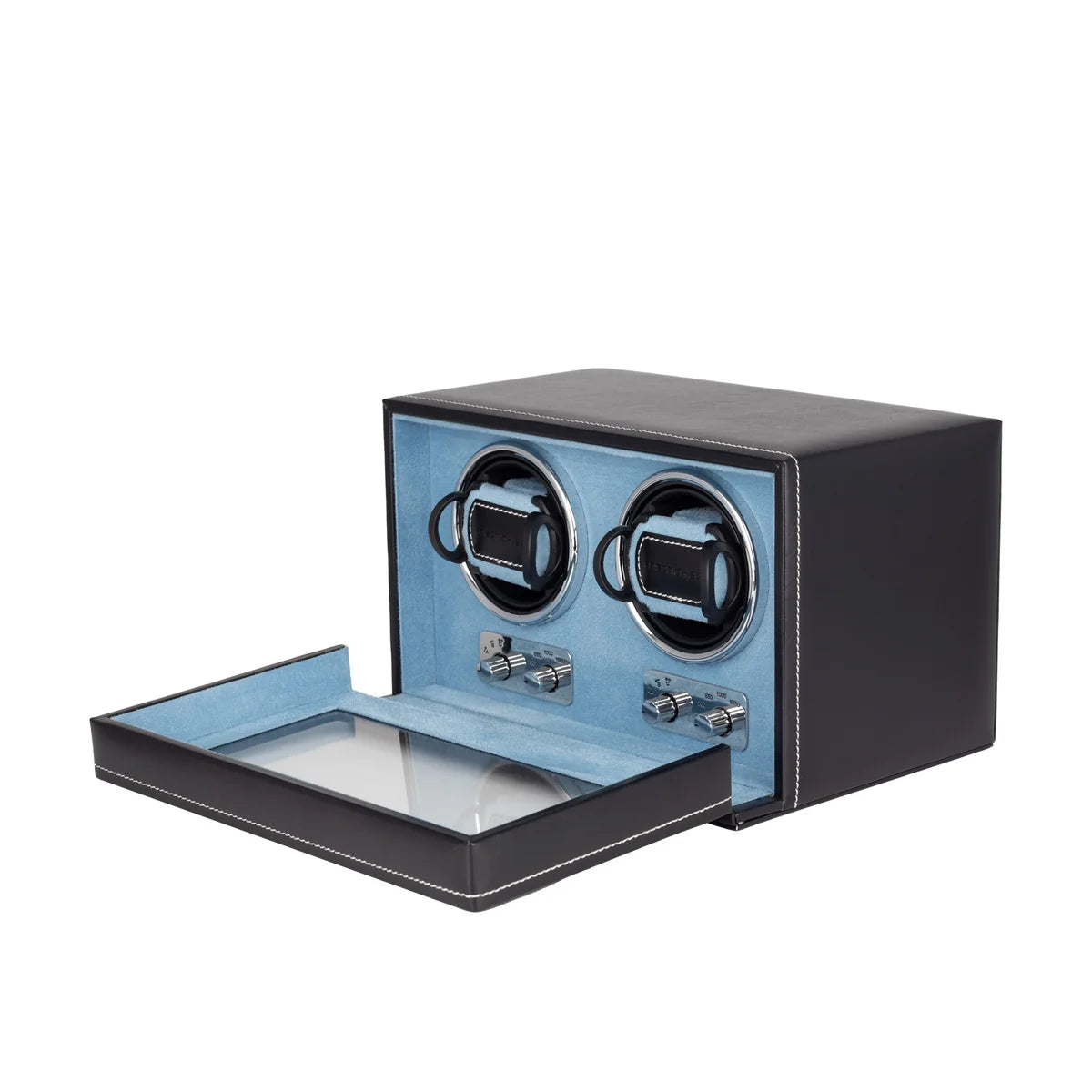 Remontoir à montre automatique Friedrich 23 noir et bleu clair, ouvert, plan transverse. Sur fond blanc