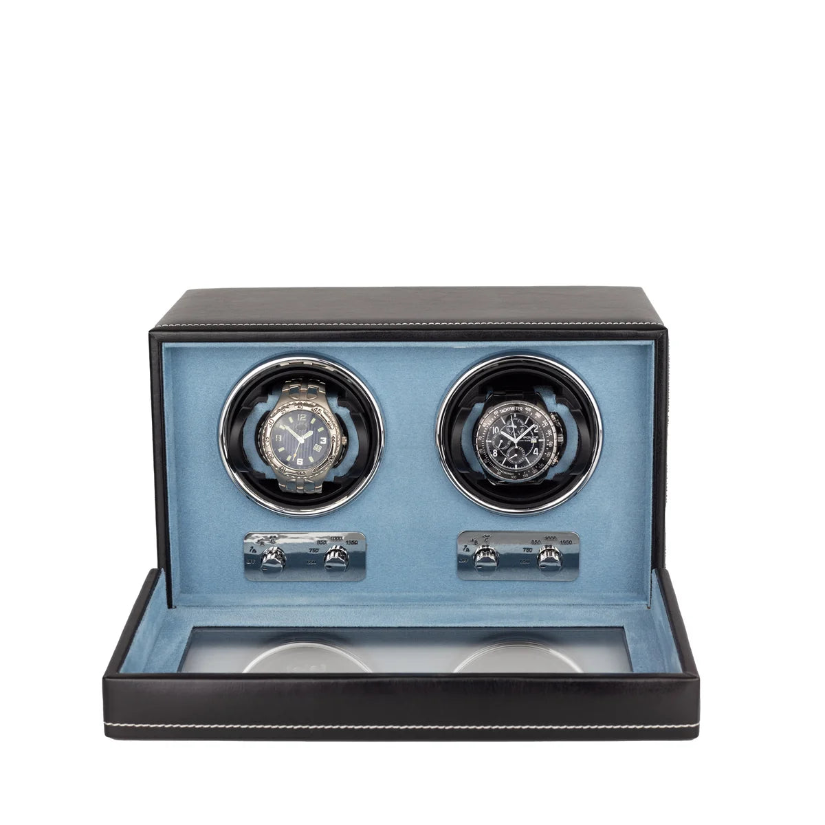 Remontoir à montre automatique Friedrich 23 noir et bleu clair, ouvert de face, avec des montres en son sein. Sur fond blanc