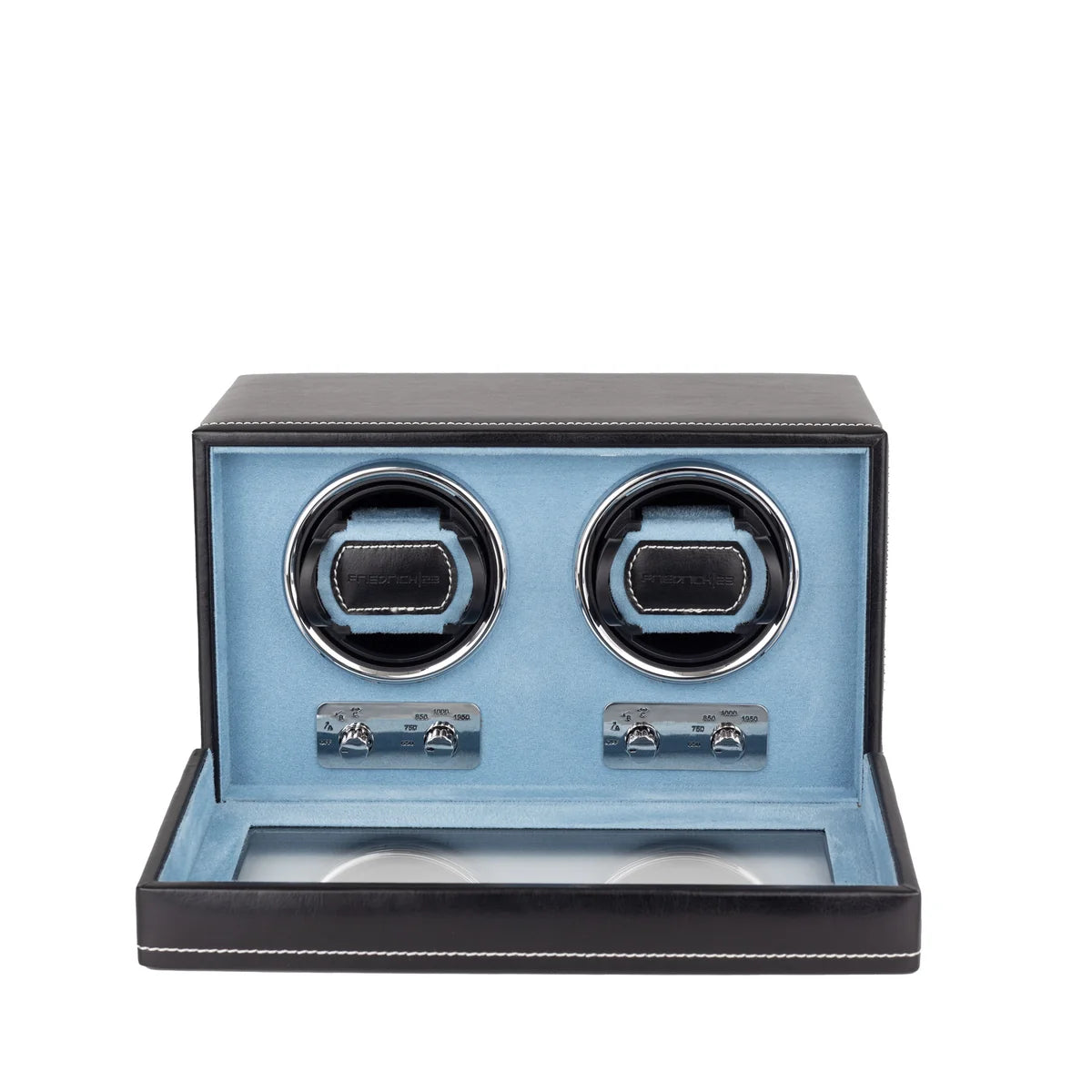 Remontoir à montre automatique Friedrich 23 noir et bleu clair, ouvert de face. Sur fond blanc