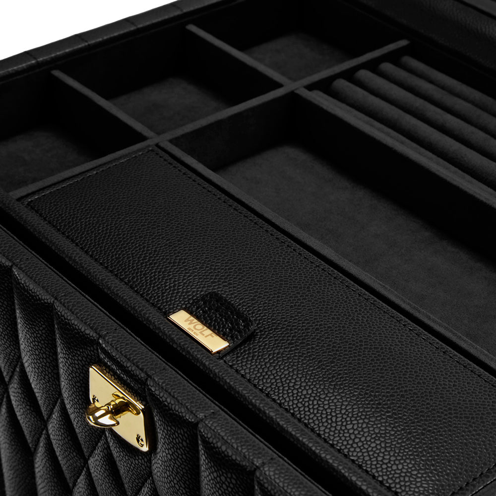 Zoom sur les compartiments à bijoux de la très grande boîte à bijoux Wolf 1834 Lauren -  Coloris Noir