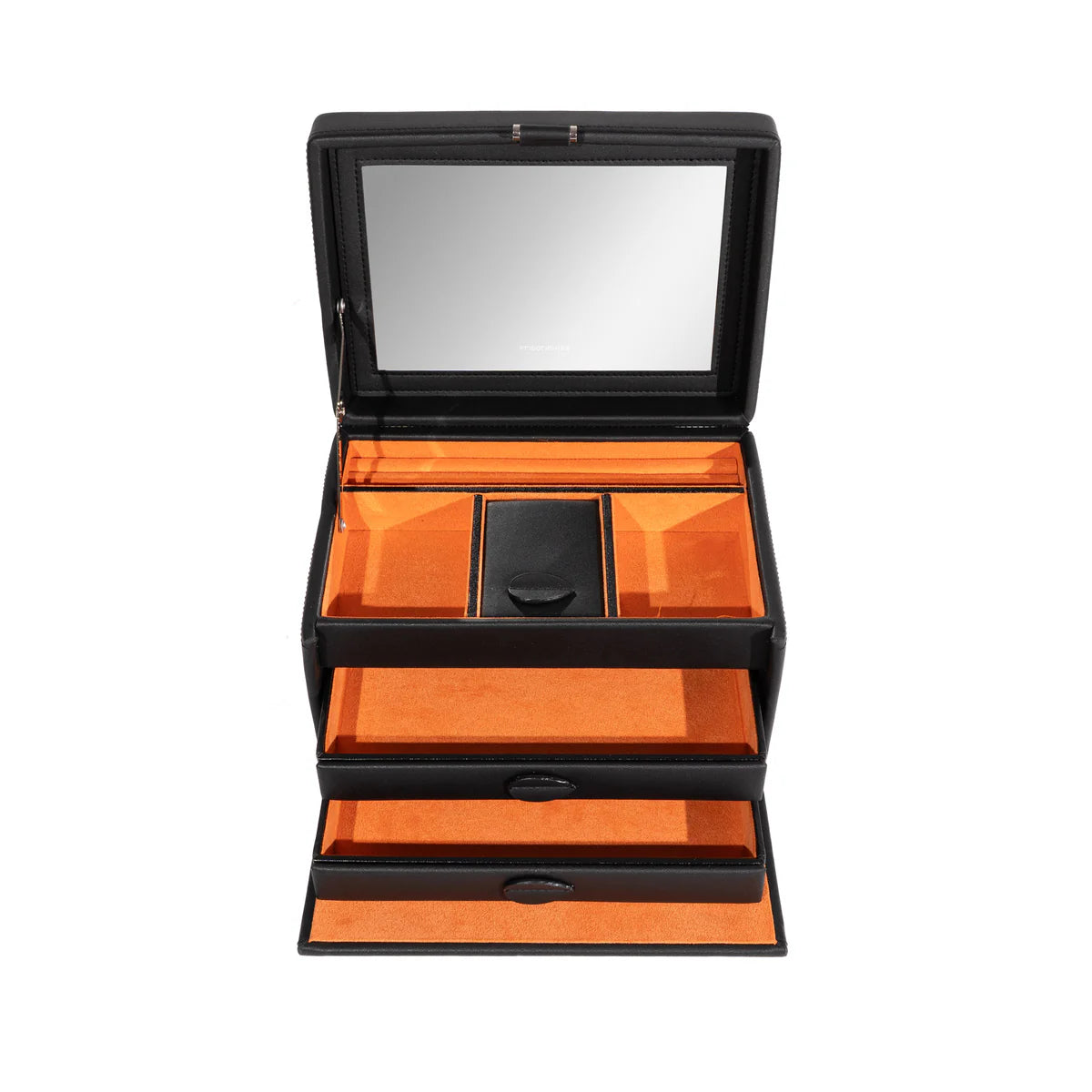 Boîte à bijoux noire et orange, collection Boho. Vue ouverte, en hauteur
