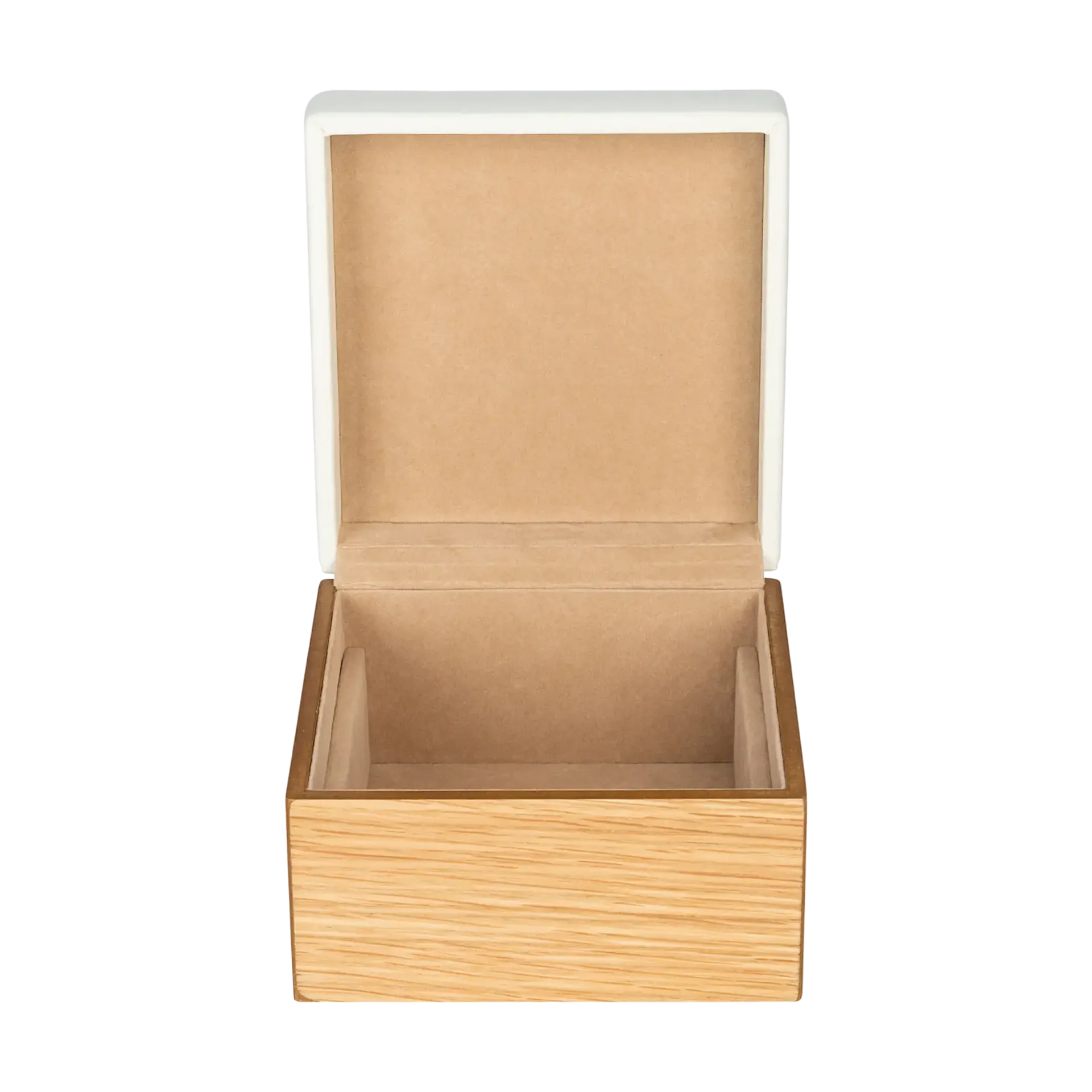 petite boite à bijoux en cuir blanc avec base en bois clair