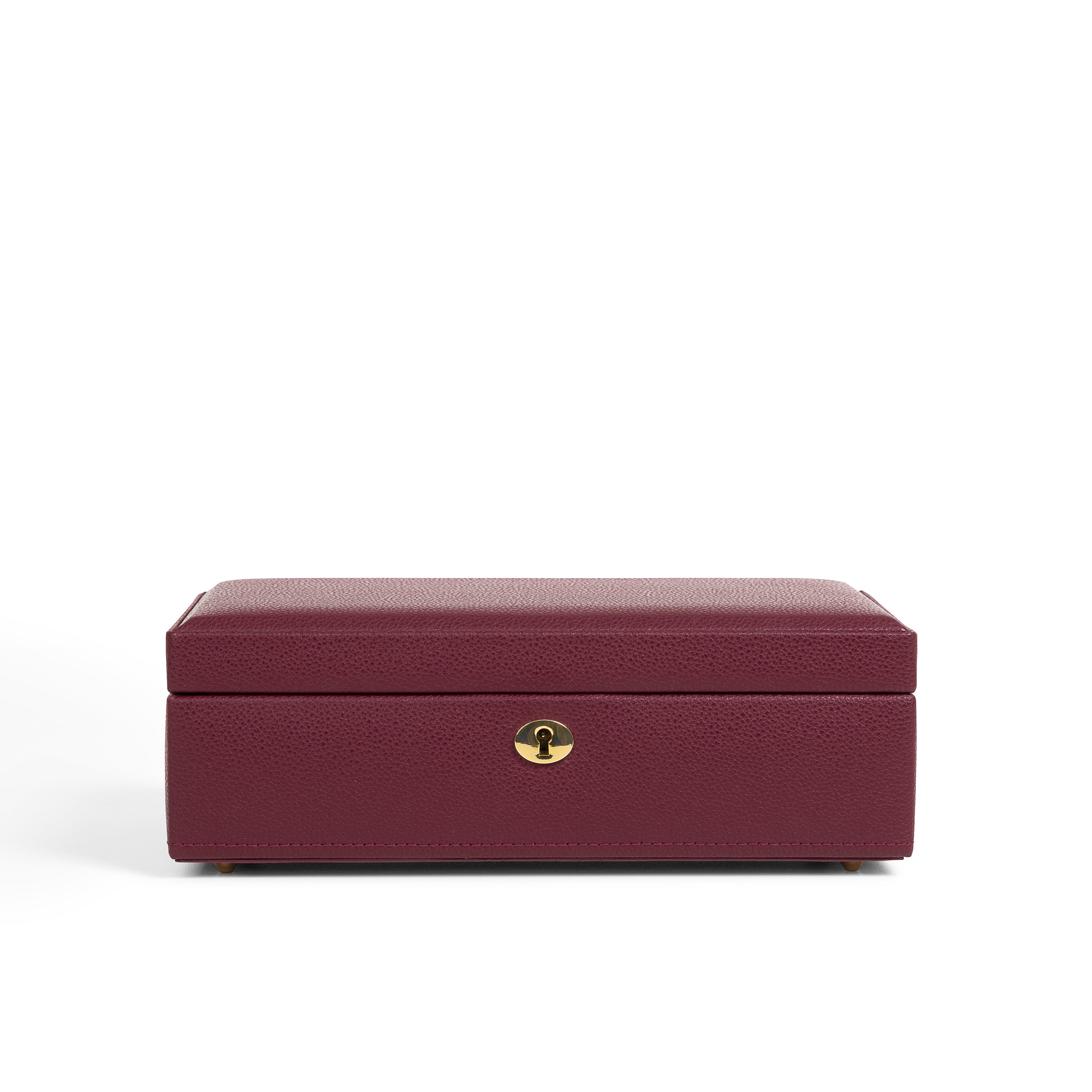 Boîte à bijoux en cuir bordeaux de la collection Vitoria. Vue fermée. Fond blanc