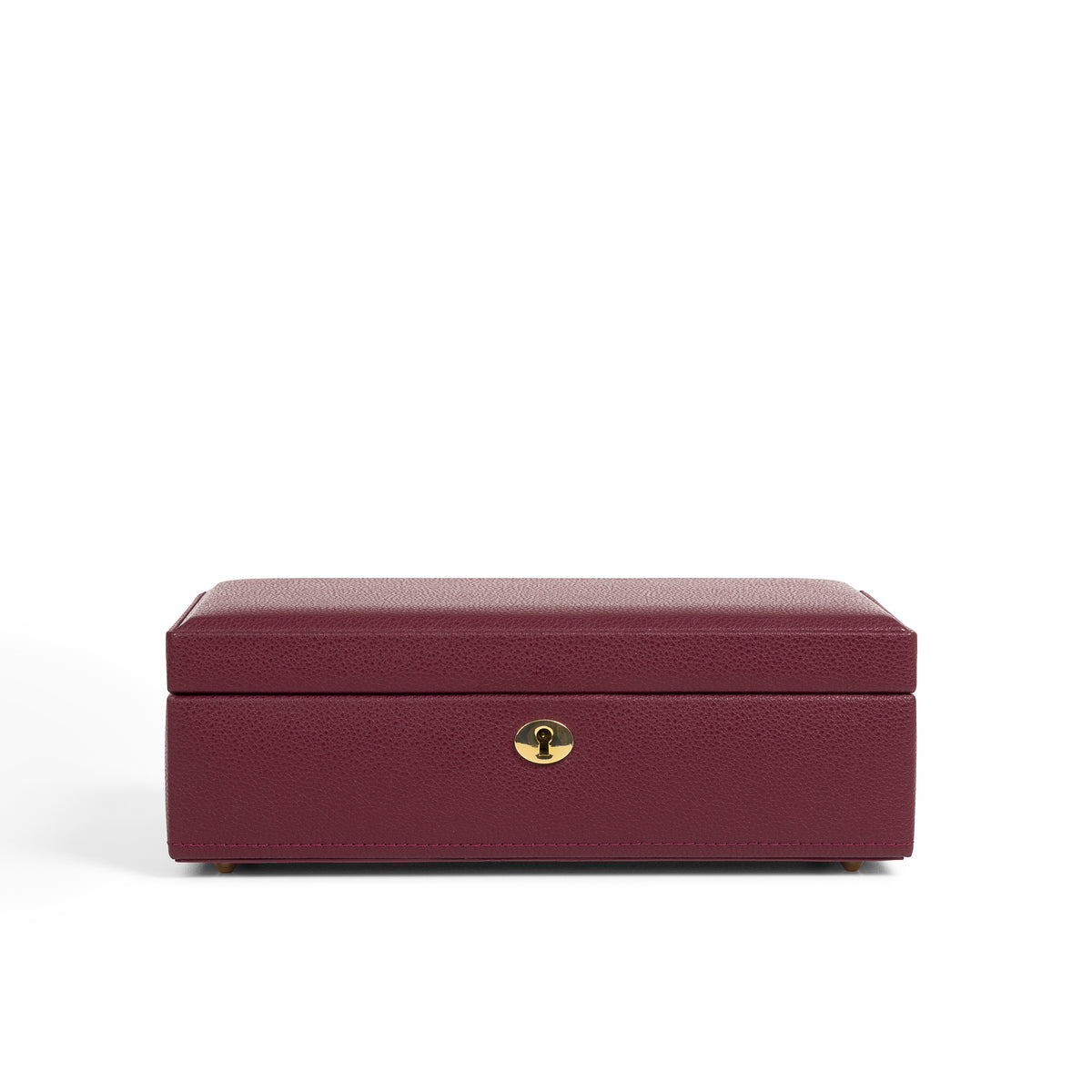 Boîte à bijoux en cuir bordeaux de la collection Vitoria. Vue fermée. Fond blanc