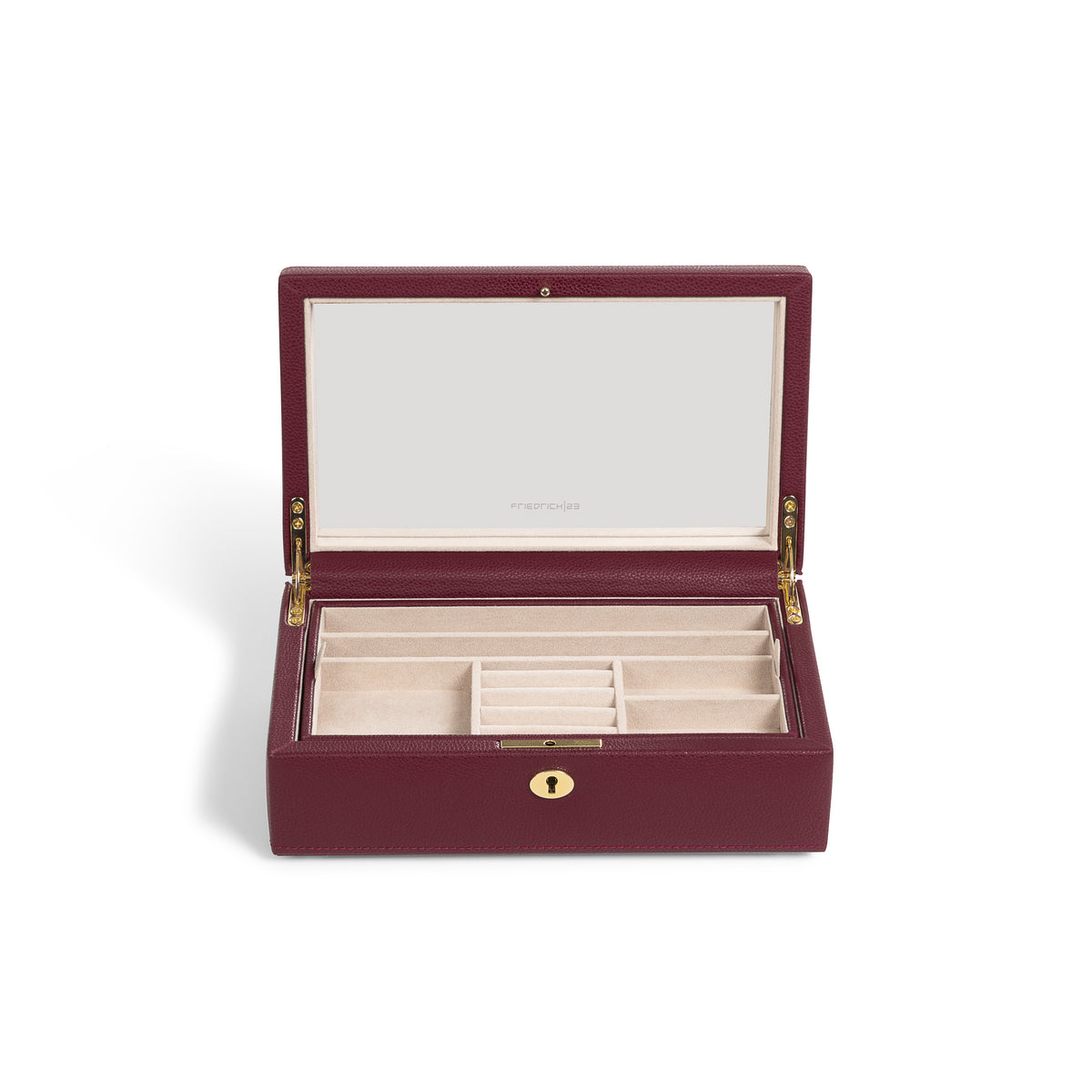 Boîte à bijoux en cuir bordeaux de la collection Vitoria. Vue ouverte, avec compartiment rangé. Fond blanc