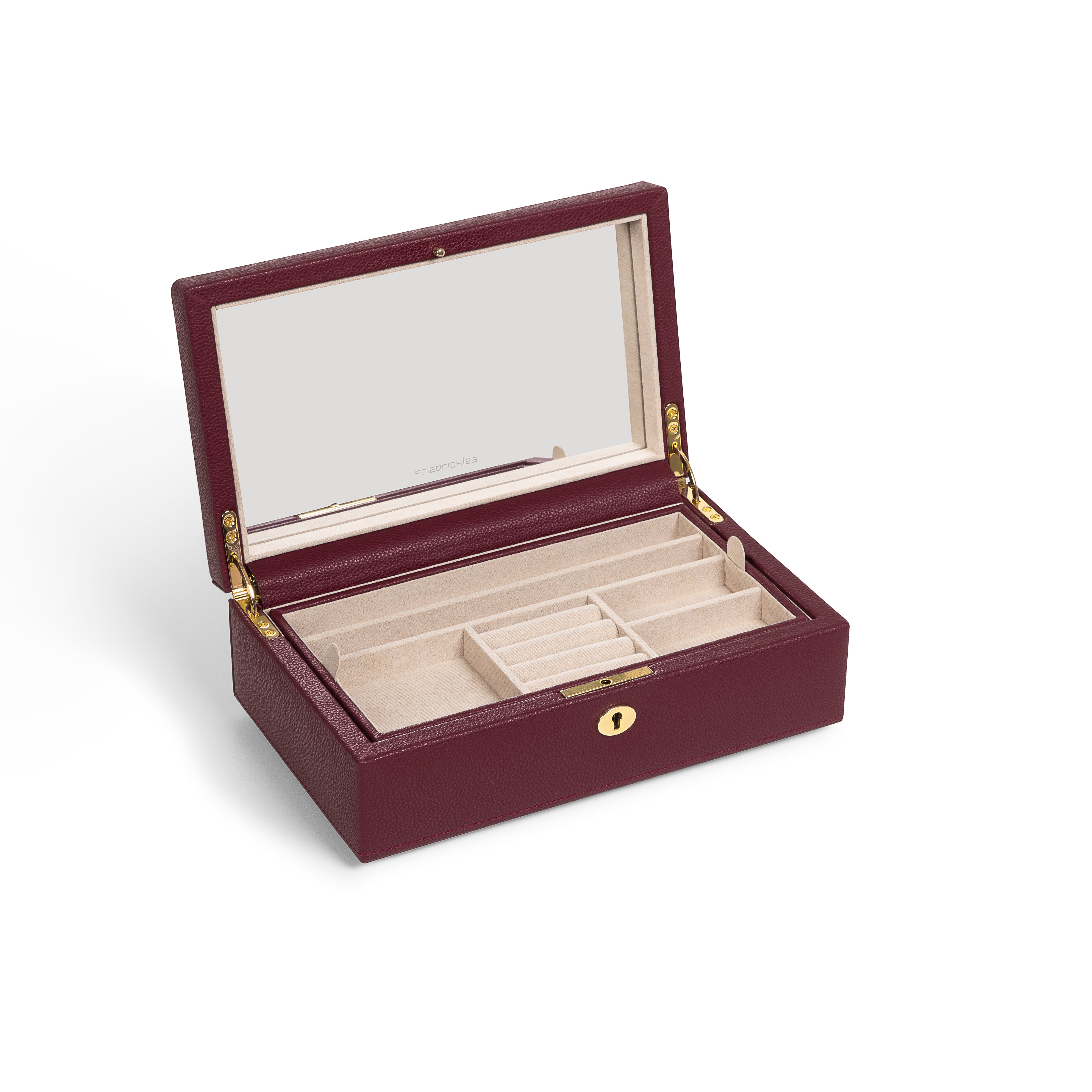 Boîte à bijoux en cuir bordeaux de la collection Vitoria. Vue ouverte de transverse, avec compartiment rangé. Fond blanc