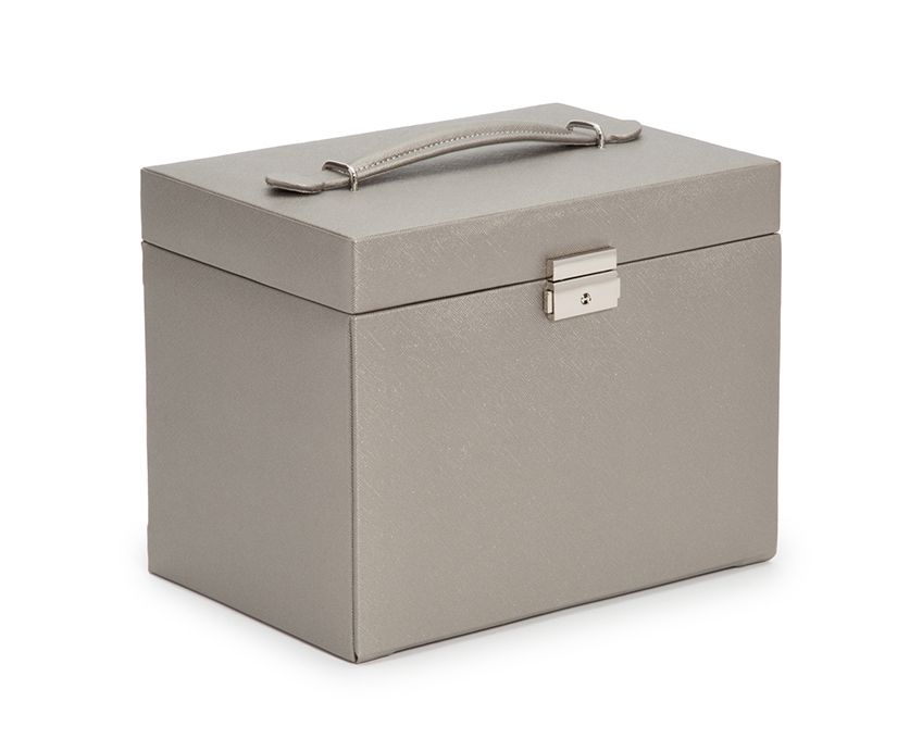 Grande boite à bijoux grise avec poignée, serrure métallique, plusieurs tiroirs de rangement et miroir intérieur