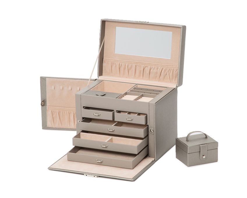 Grande boite à bijoux grise avec poignée, serrure métallique, plusieurs tiroirs de rangement et miroir intérieur