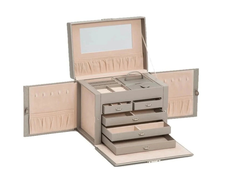 Grande boite à bijoux grise avec poignée, serrure métallique, plusieurs tiroirs de rangement et miroir intérieur