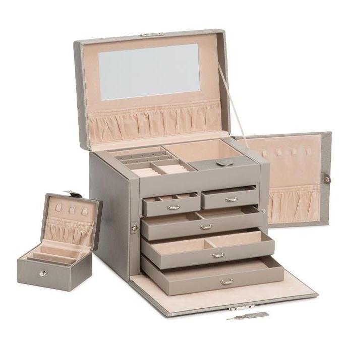 Grande boite à bijoux grise avec poignée, serrure métallique, plusieurs tiroirs de rangement et miroir intérieur