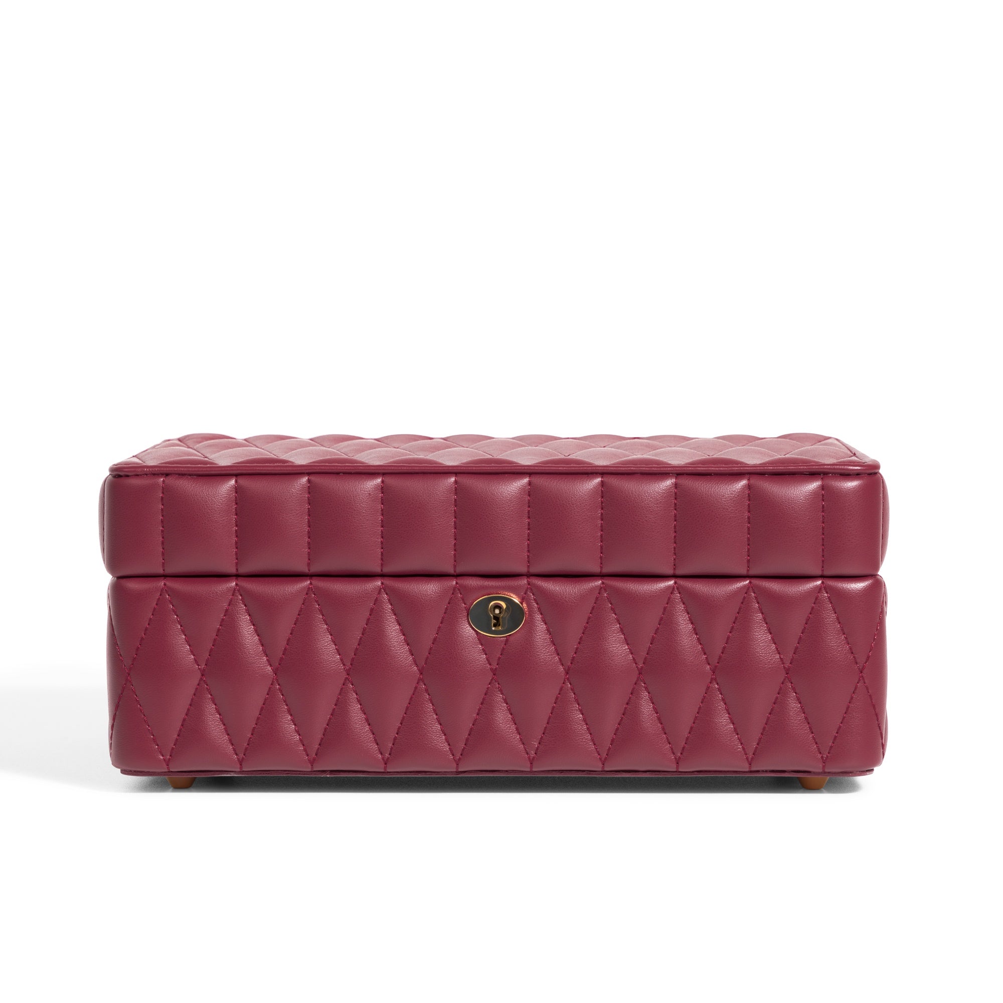Boîte à bijoux matelassé Saphira bordeaux. Vue de face sur fond blanc