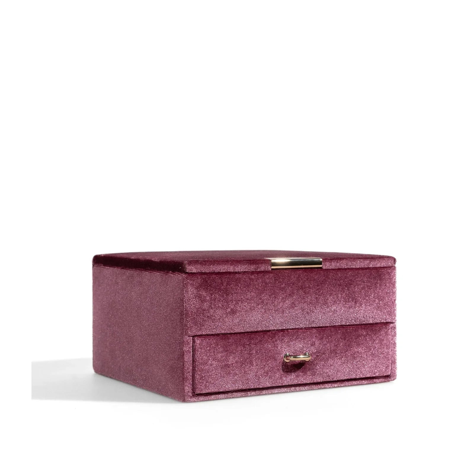 Boite à bijoux rose poudre en velours, ouverte avec miroir et tiroirs, marque Friedrich23