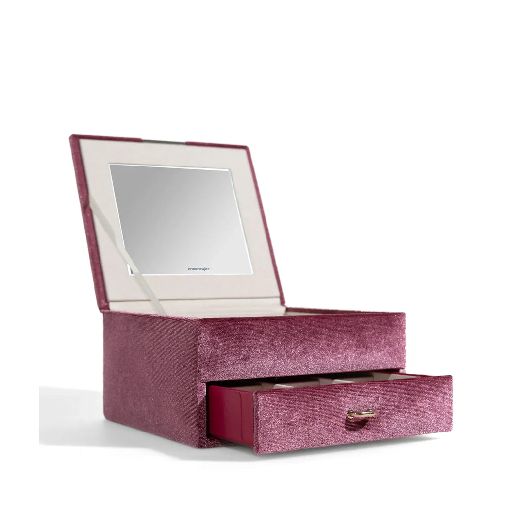 Boite à bijoux rose poudre en velours, ouverte avec miroir et tiroirs, marque Friedrich23