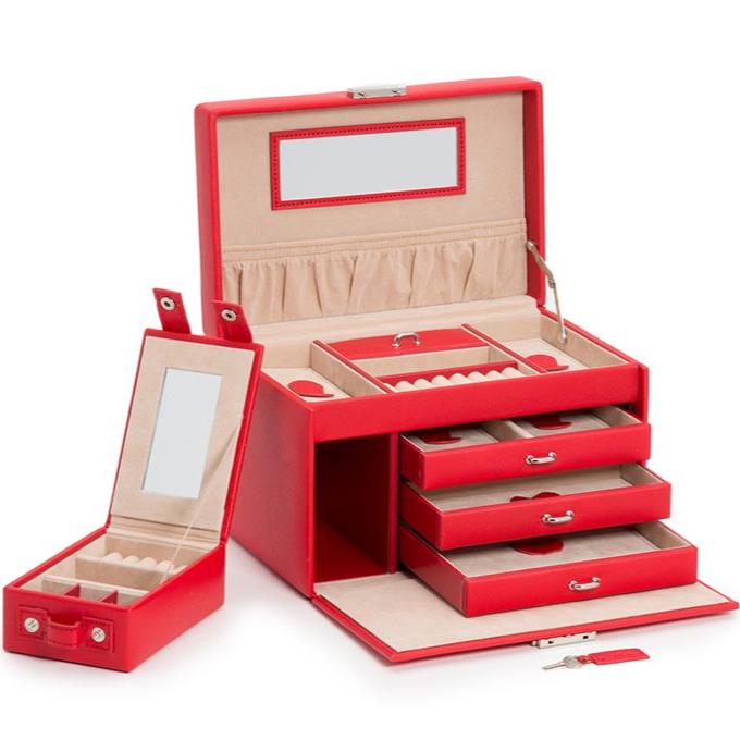 Schmuckschatulle aus Leder – Rot und Beige