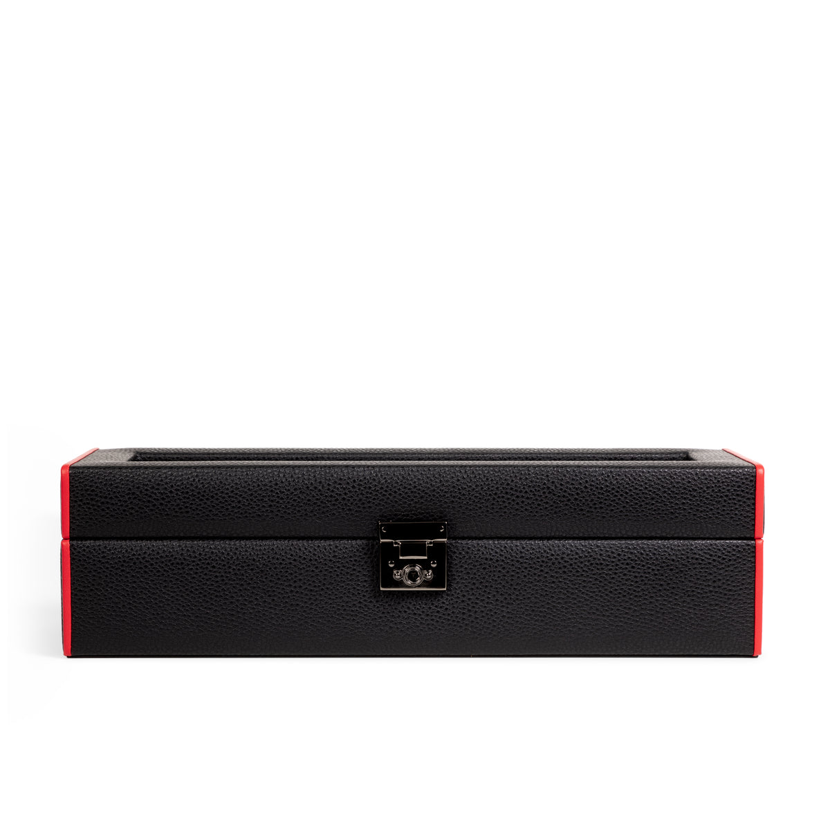 Boîte à montre vitrée en cuir noir avec passepoil rouge Maranello, cinq emplacements. Vue fermée de face sur fond blanc