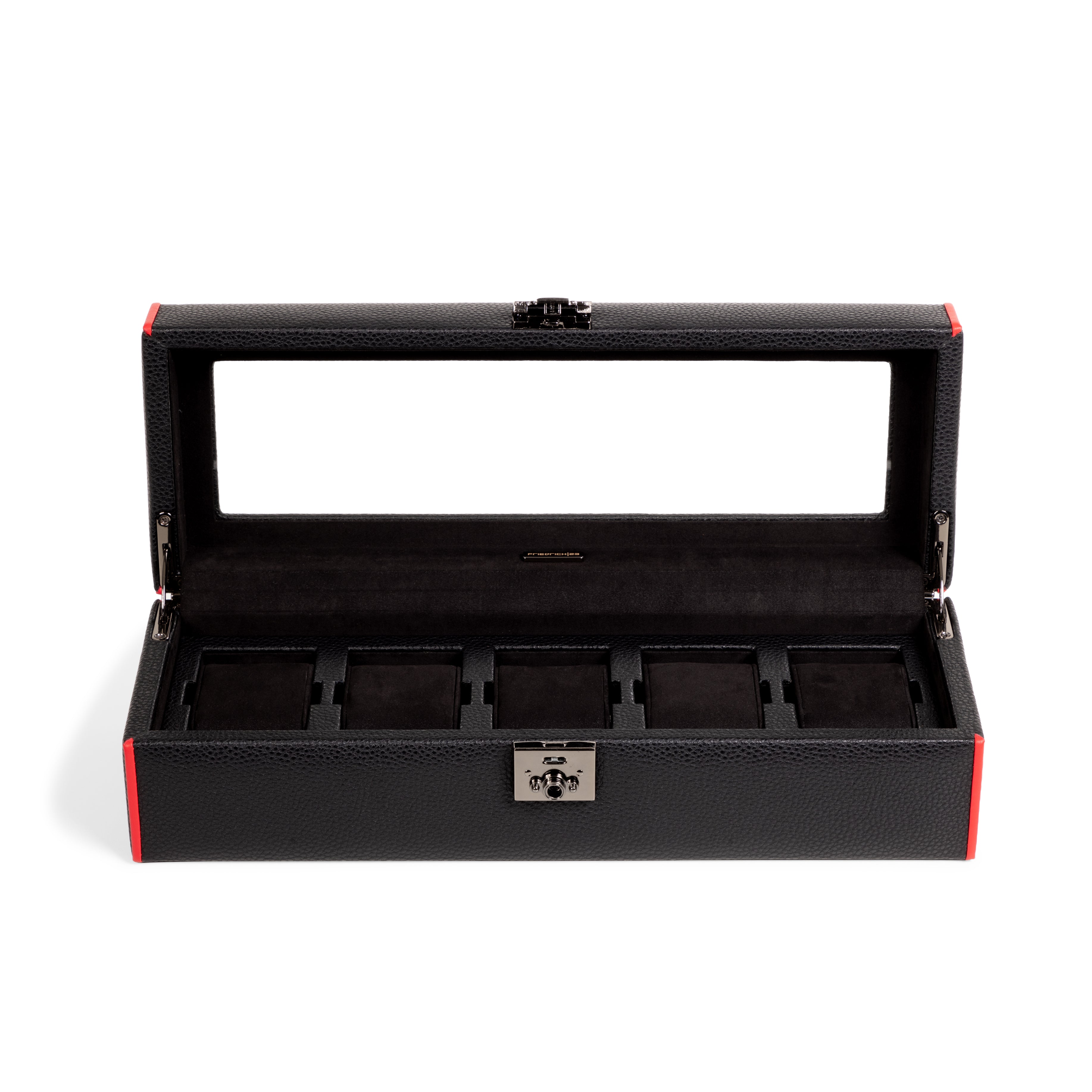 Boîte à montre vitrée en cuir noir avec passepoil rouge Maranello, cinq emplacements. Vue ouverte de face sur fond blanc