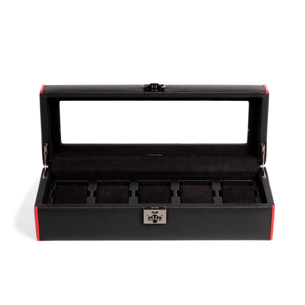 Boîte à montre vitrée en cuir noir avec passepoil rouge Maranello, cinq emplacements. Vue ouverte de face sur fond blanc