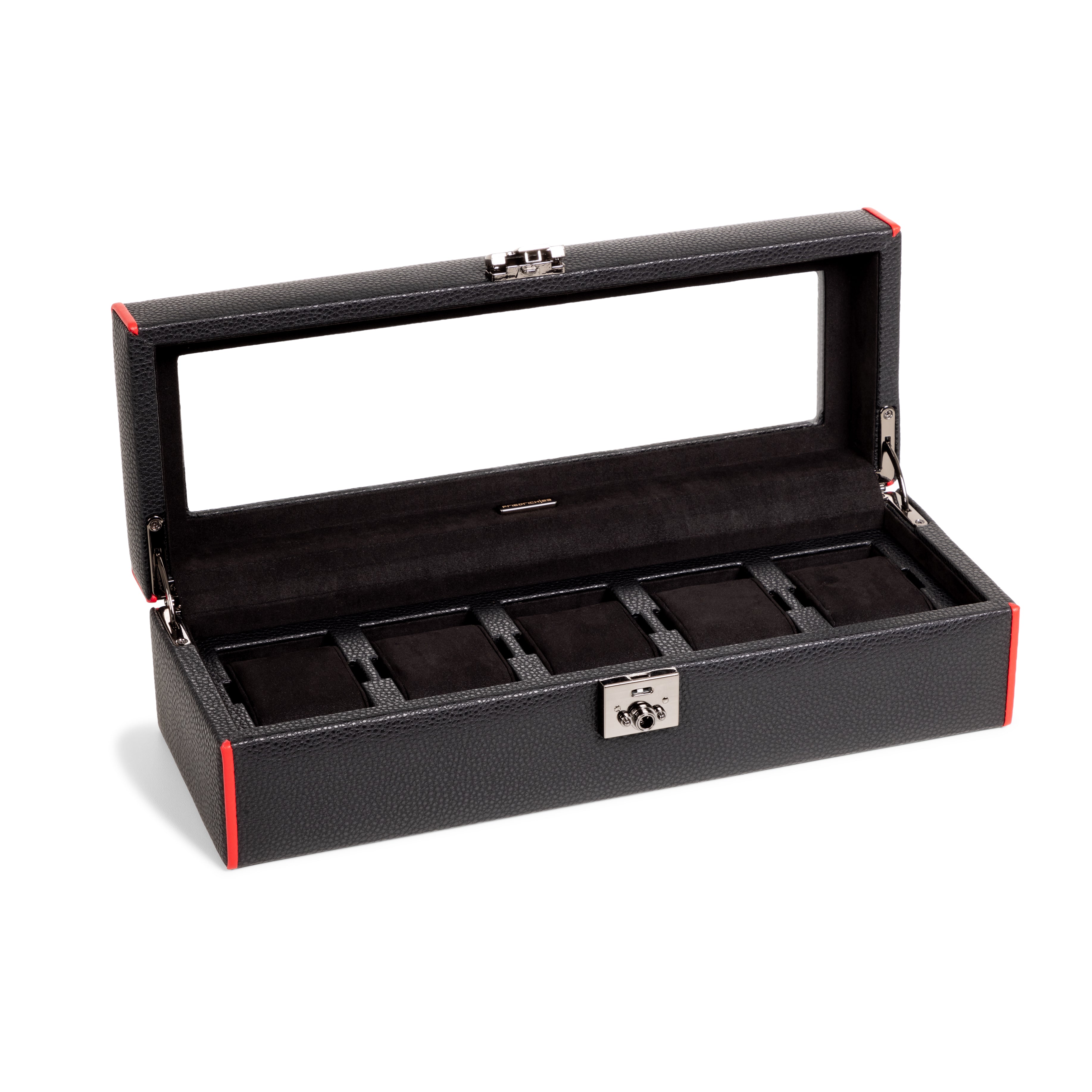 Boîte à montre vitrée en cuir noir avec passepoil rouge Maranello, cinq emplacements. Vue ouverte de face transverse sur fond blanc