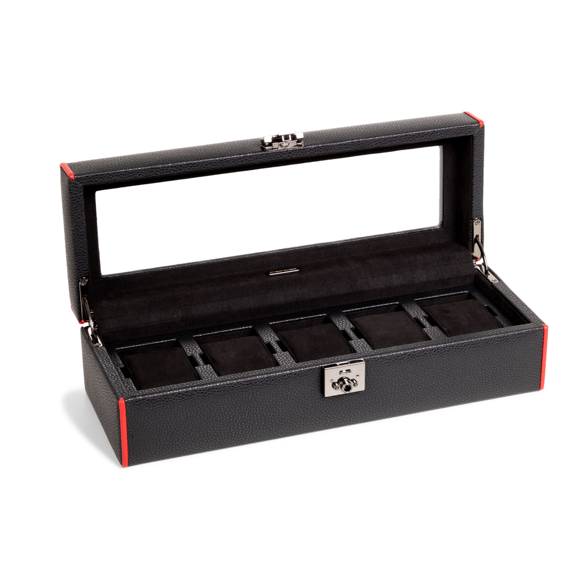 Boîte à montre vitrée en cuir noir avec passepoil rouge Maranello, cinq emplacements. Vue ouverte de face transverse sur fond blanc