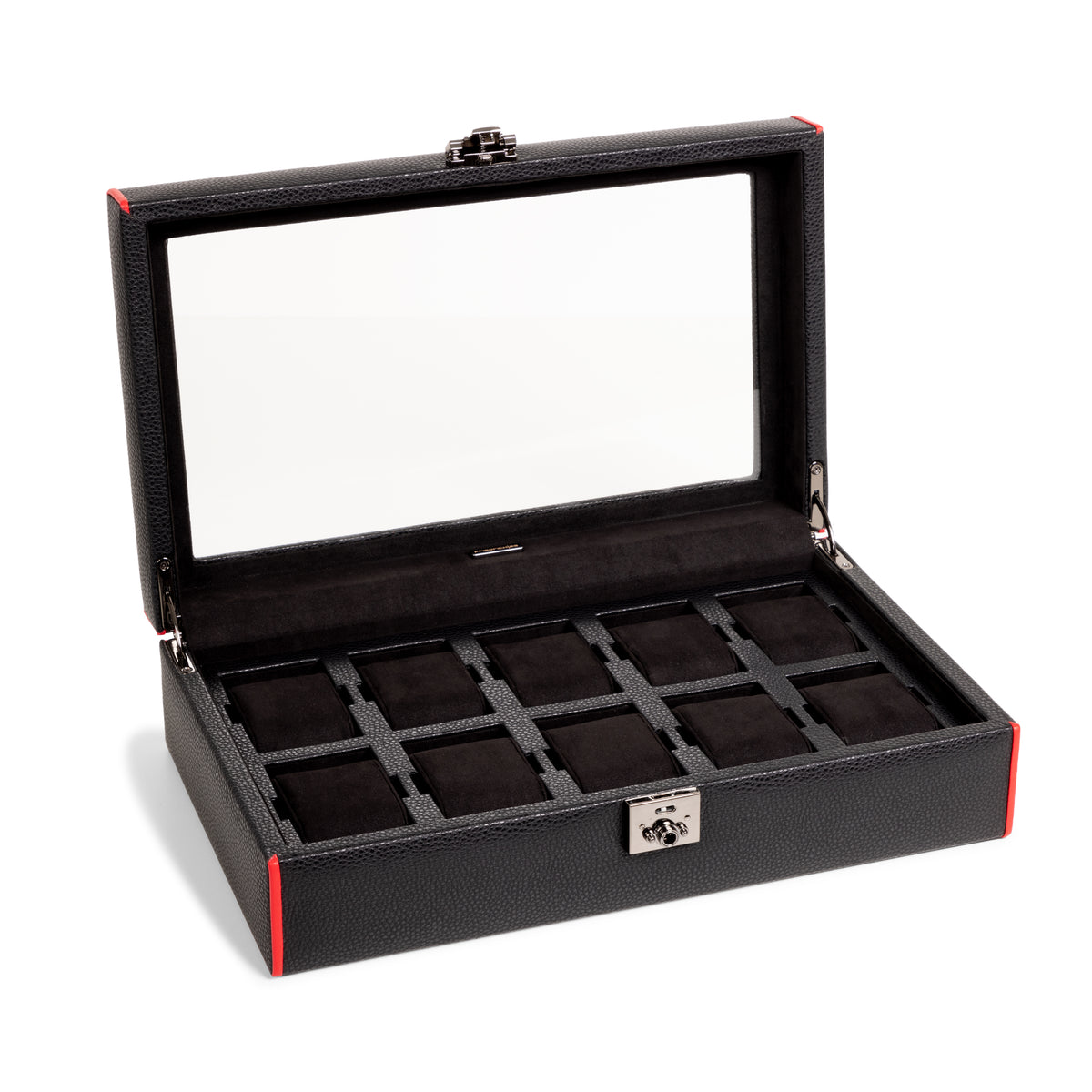 Boîte à montre vitrée en cuir noir avec passepoil rouge Maranello, dix emplacements. Vue ouverte transverse sur fond blanc