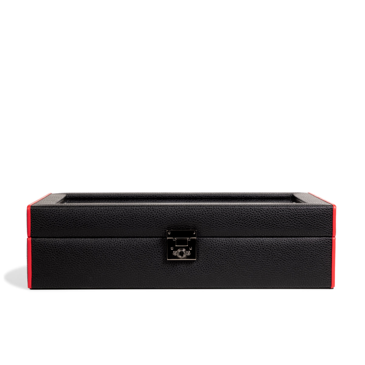 Boîte à montre vitrée en cuir noir avec passepoil rouge Maranello, dix emplacements. Vue fermée de face sur fond blanc
