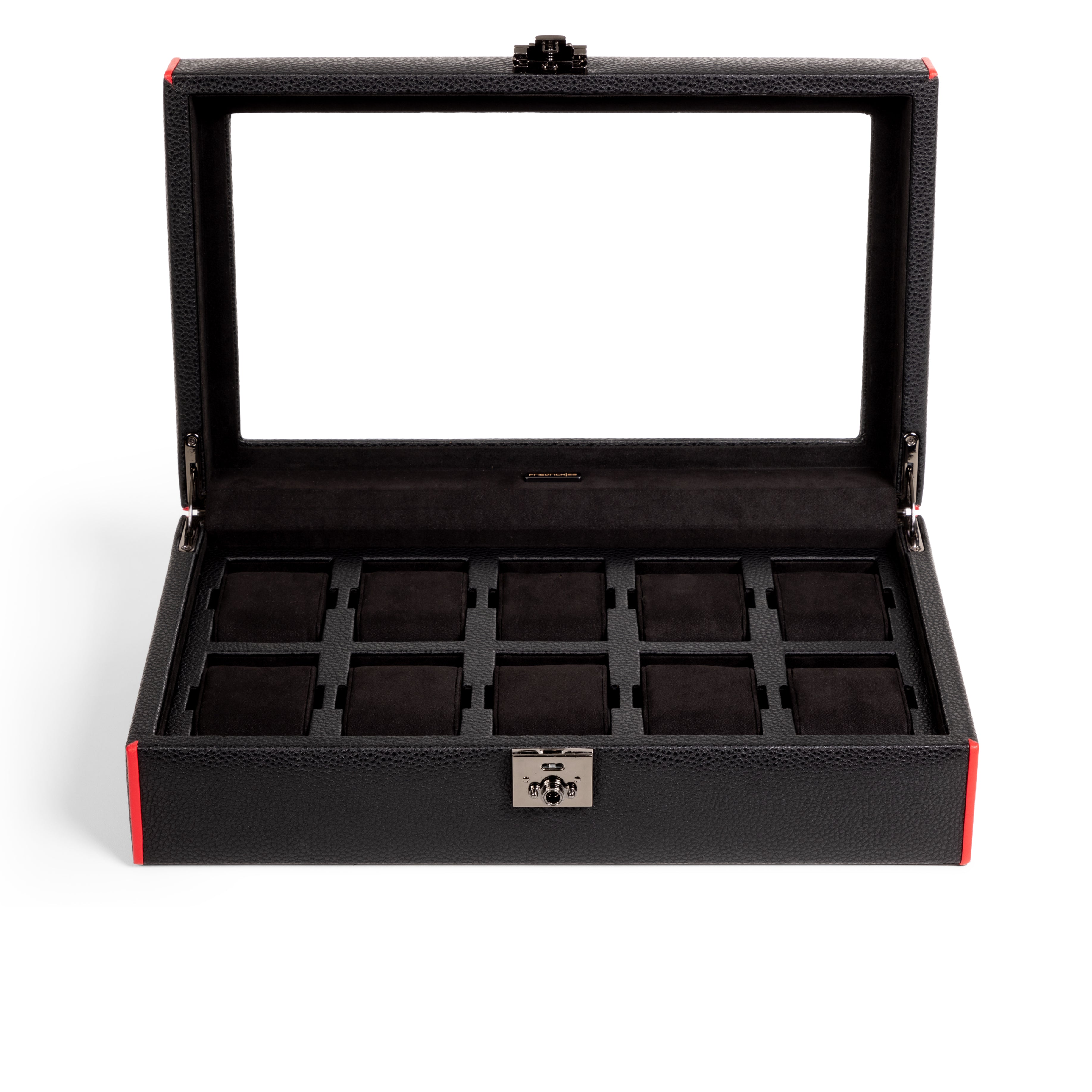 Boîte à montre vitrée en cuir noir avec passepoil rouge Maranello, dix emplacements. Vue ouverte de face sur fond blanc