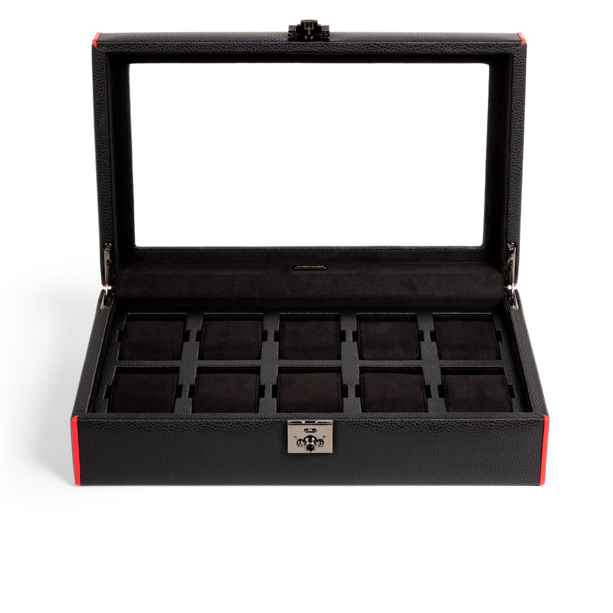 Boîte à montre vitrée en cuir noir avec passepoil rouge Maranello, dix emplacements. Vue ouverte de face sur fond blanc