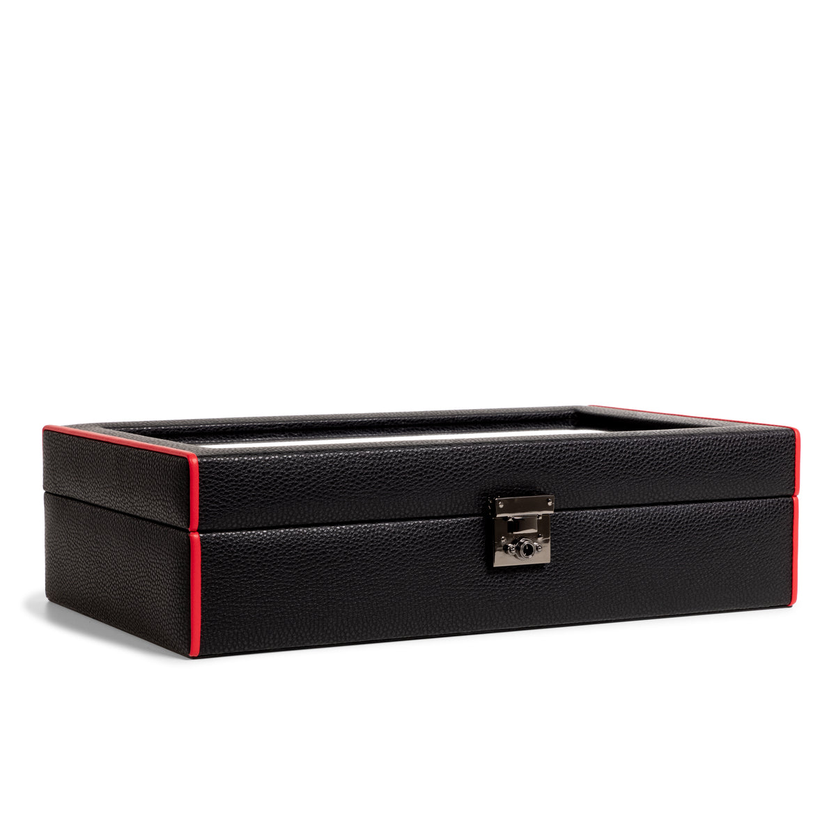 Boîte à montre vitrée en cuir noir avec passepoil rouge Maranello, dix emplacements. Vue fermée de face transverse sur fond blanc