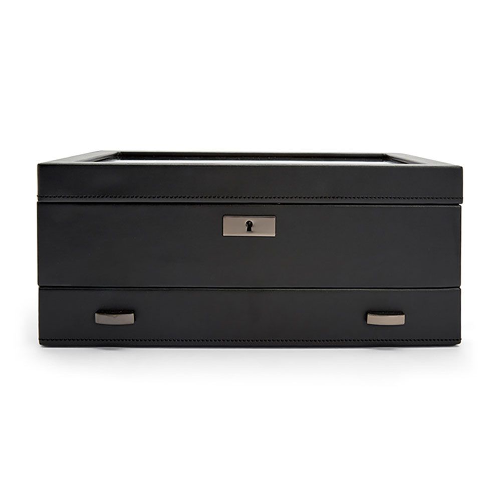 Boîte à montres Wolf Axis noire fermée, vue de face, avec couvercle vitré et tiroir inférieur