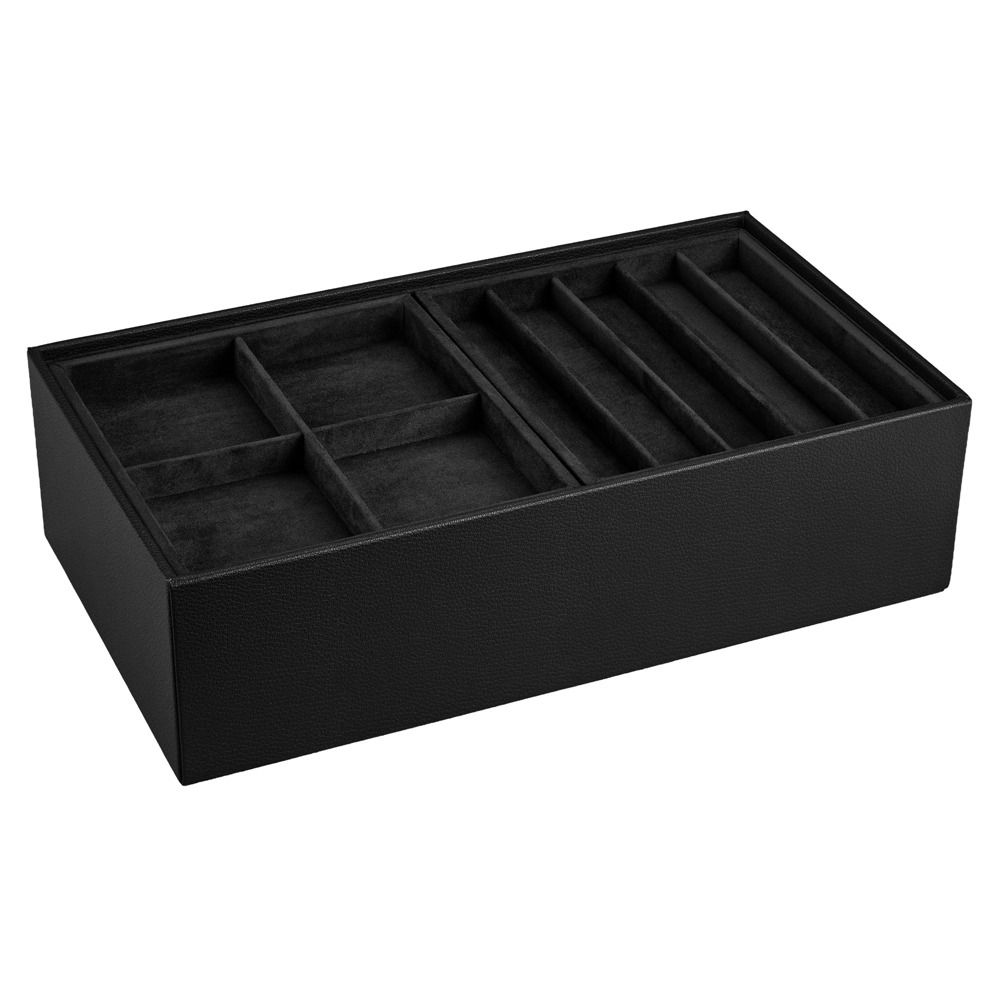Coffre fort biométrique et remontoir huit emplacements de la collection The Den, manufacture Wolf 1834, coloris noir. Zoom sur l'un des tiroirs avec des emplacements de rangement pour bijoux