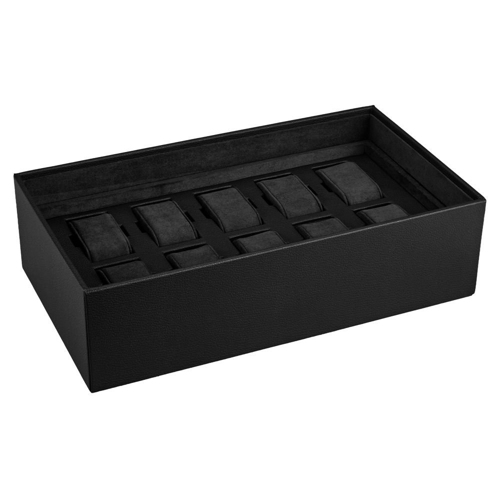 Coffre fort biométrique et remontoir huit emplacements de la collection The Den, manufacture Wolf 1834, coloris noir. Zoom sur l'un des tiroirs avec des emplacements pour montre