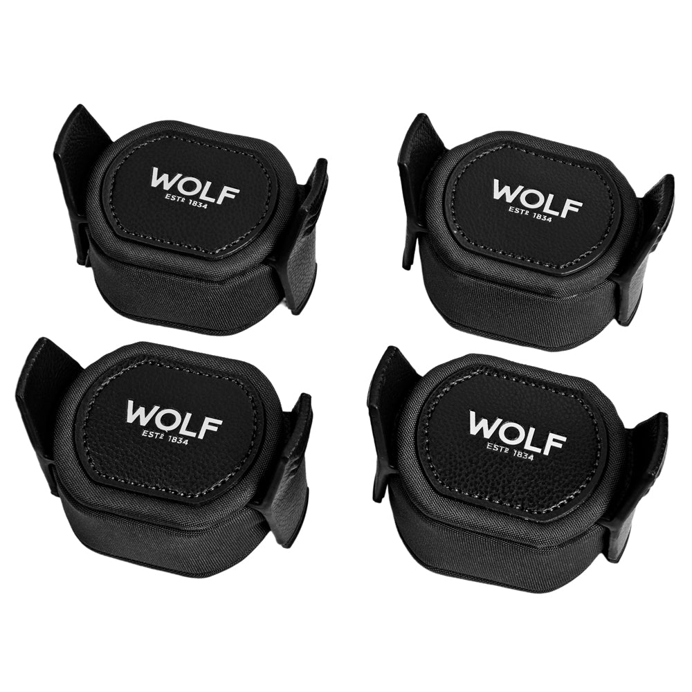 Coffre fort biométrique et remontoir huit emplacements de la collection The Den, manufacture Wolf 1834, coloris noir. Zoom sur les supports à montre des remontoirs du coffre à montre et bijoux