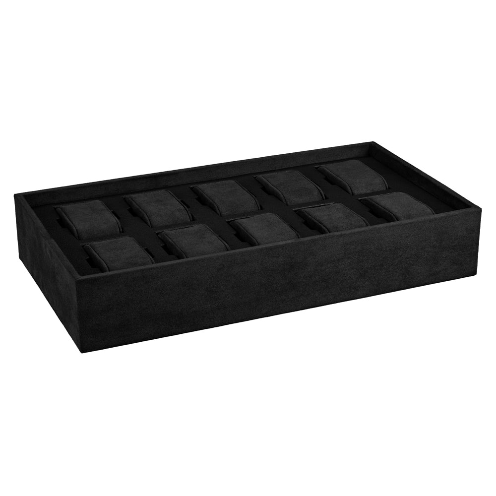 Coffre fort biométrique et remontoir huit emplacements de la collection The Den, manufacture Wolf 1834, coloris noir. Zoom sur l'un des tiroirs avec des emplacements pour montre