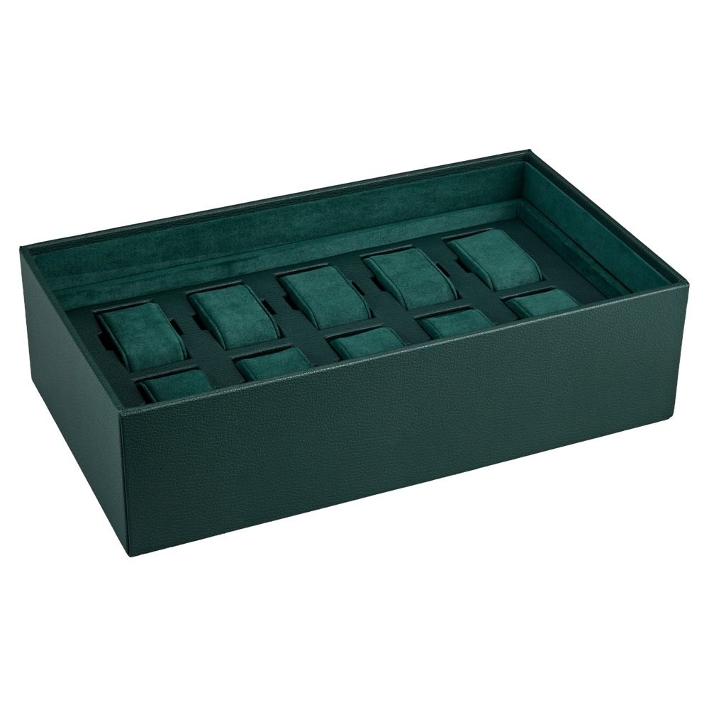 Coffre fort biométrique et remontoir huit emplacements de la collection The Den, manufacture Wolf 1834, coloris vert. Zoom sur l'un des tiroirs avec des emplacements pour montre