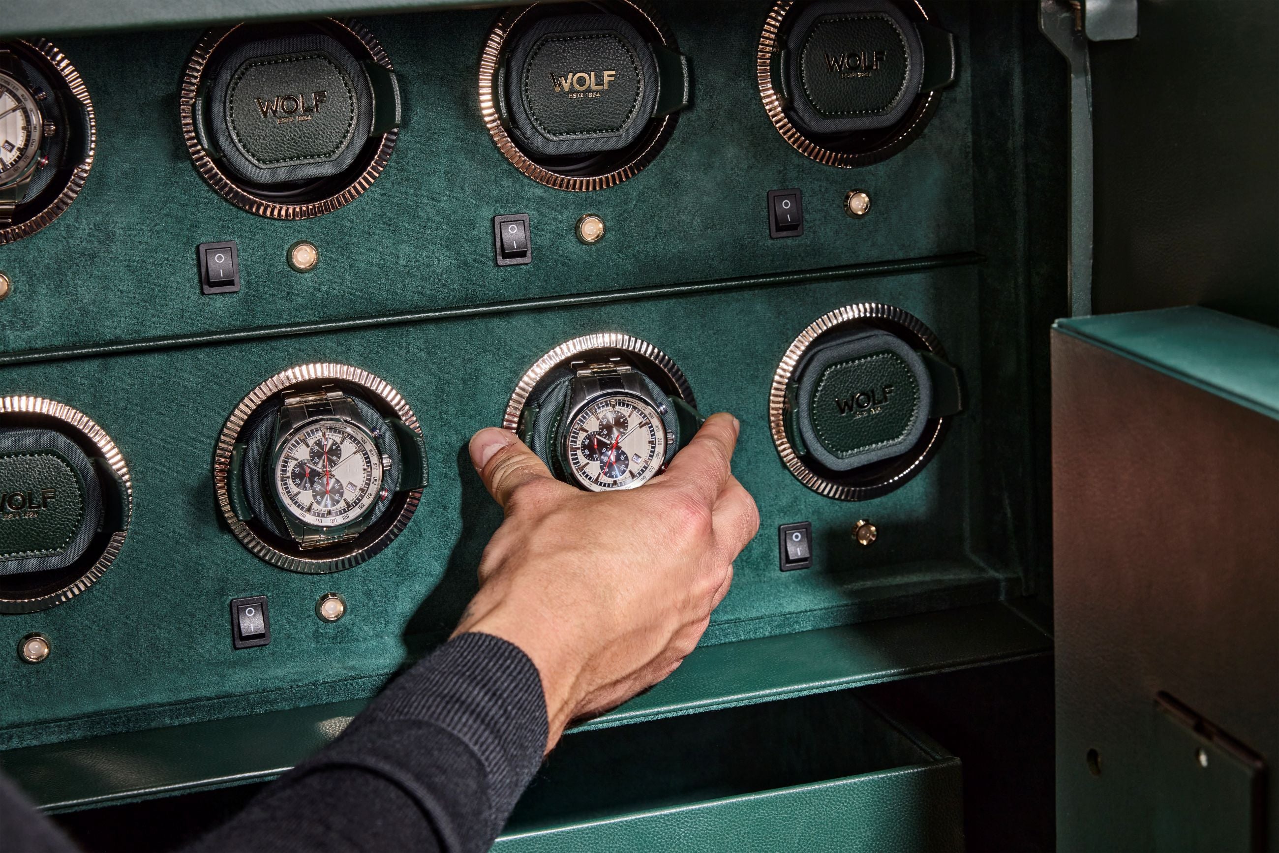 Coffre fort biométrique et remontoir vertemplacements de la collection The Den, manufacture Wolf 1834, coloris vert.
Le coffre fort est ouvert et une main d'homme attrape un emplacement à montre pour l'extraire du coffre.