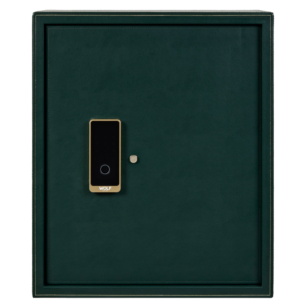 Coffre fort biométrique et remontoir huit emplacements de la collection The Den, manufacture Wolf 1834, coloris vert. Vue de face fermée