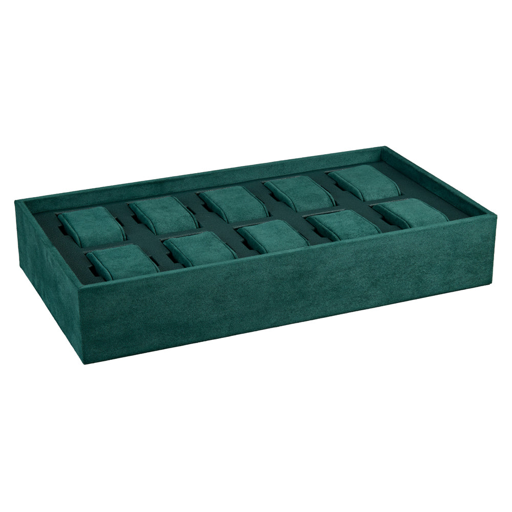 Coffre fort biométrique et remontoir huit emplacements de la collection The Den, manufacture Wolf 1834, coloris vert. Zoom sur l'un des tiroirs avec des emplacements pour montre