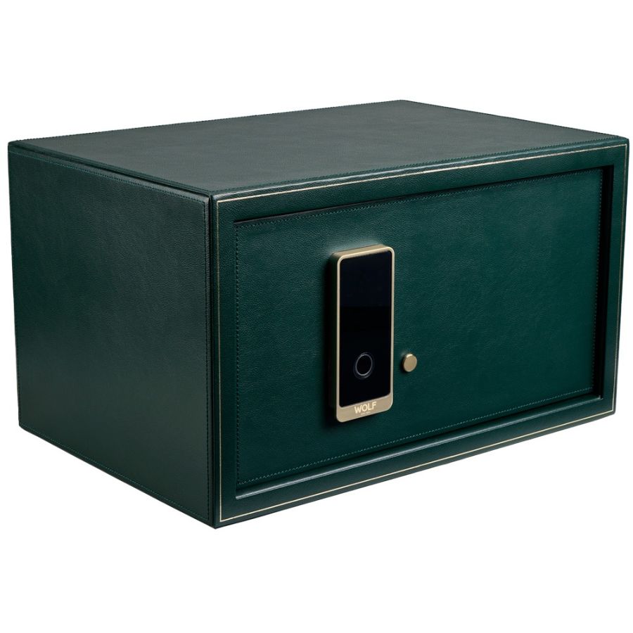 Coffre fort biométrique et remontoir quatre emplacements de la collection The Den, manufacture Wolf 1834, coloris vert. Vue transverse