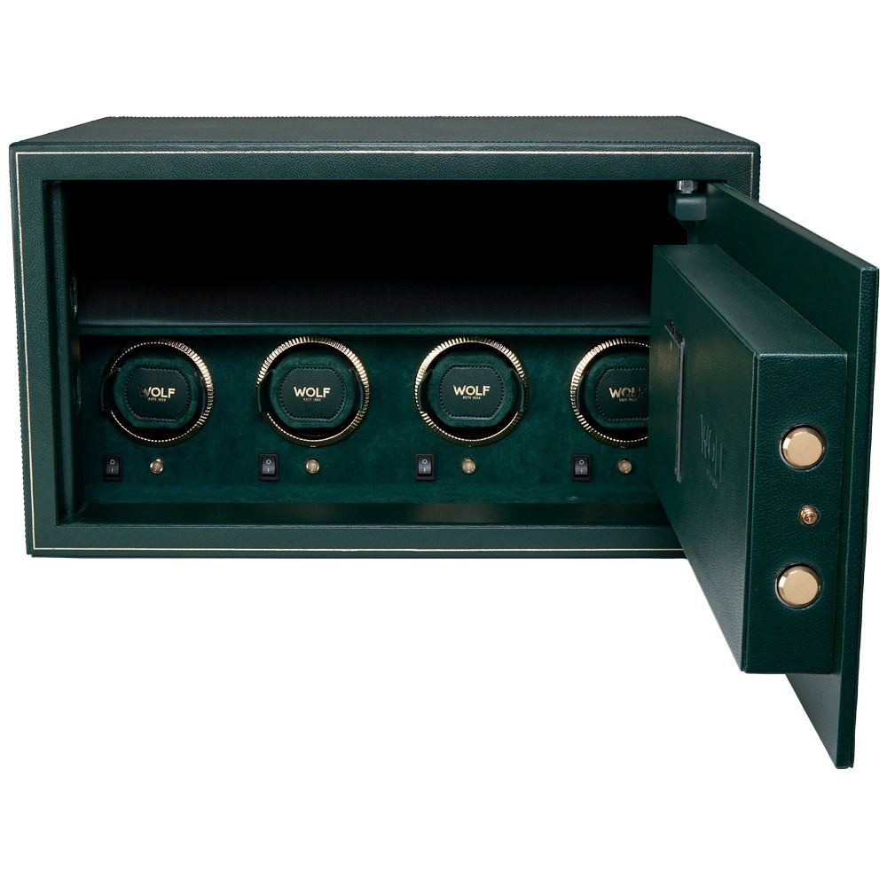 Coffre fort biométrique et remontoir quatre emplacements de la collection The Den, manufacture Wolf 1834, coloris vert. Vue ouverte, le coffre fort et les remontoirs sont vides