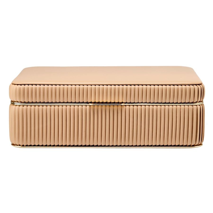 Coffret à bijoux beige clair à rayures  boite élégante pour femme avec détails dorés