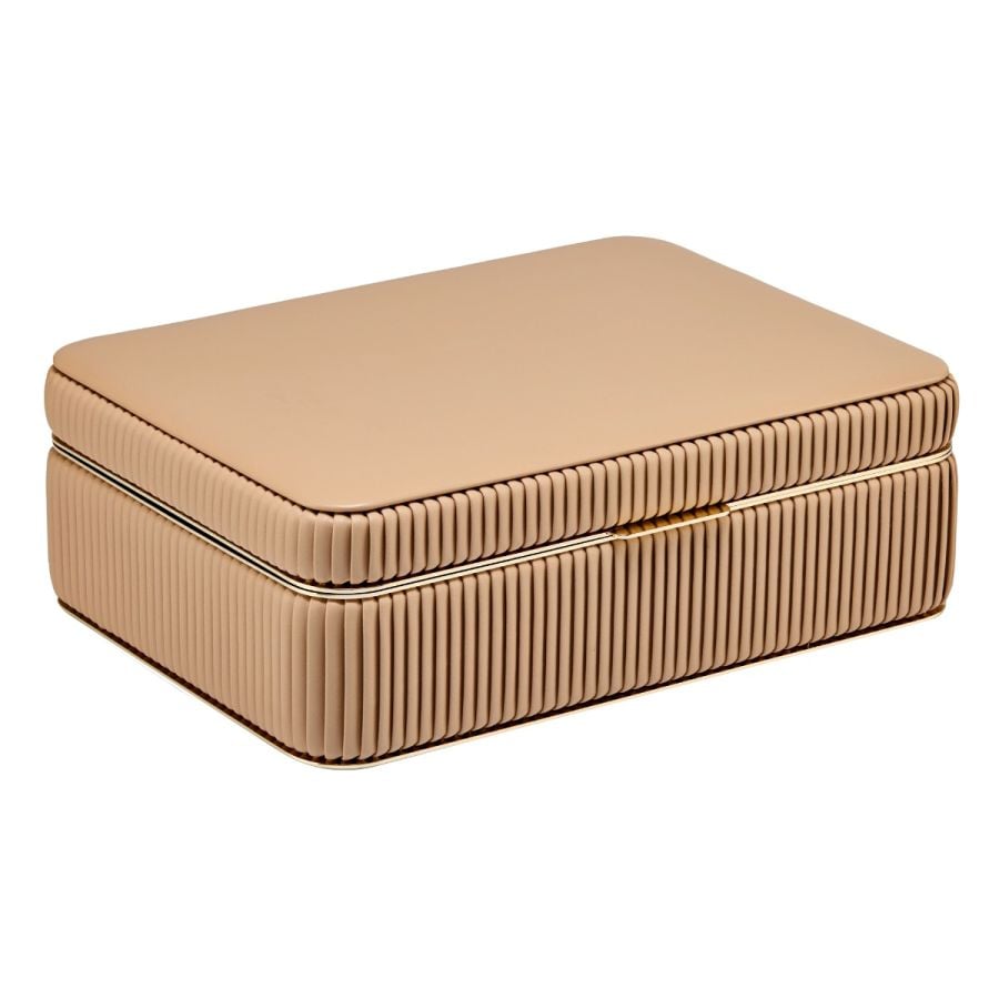 Coffret à bijoux beige clair à rayures  boite élégante pour femme avec détails dorés