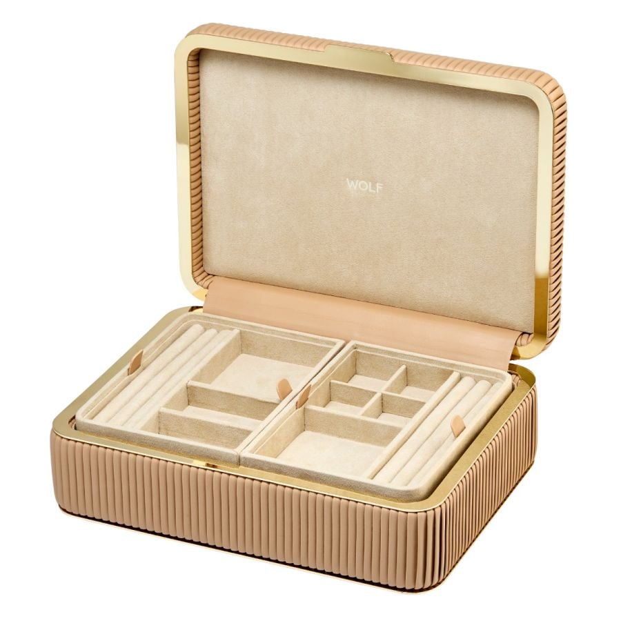 Coffret à bijoux beige clair à rayures  boite élégante pour femme avec détails dorés