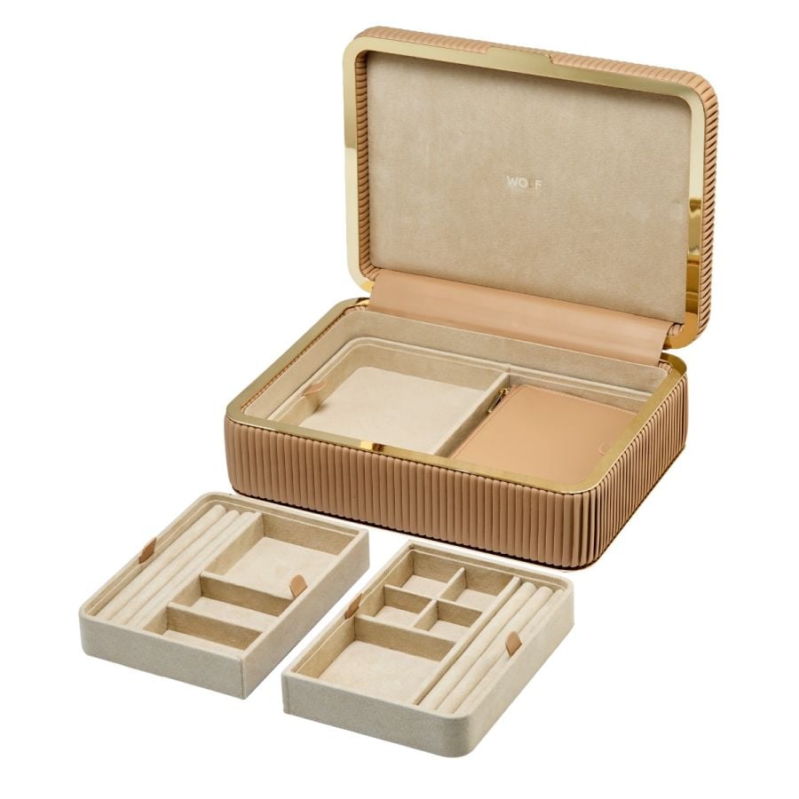 Coffret à bijoux beige clair à rayures  boite élégante pour femme avec détails dorés