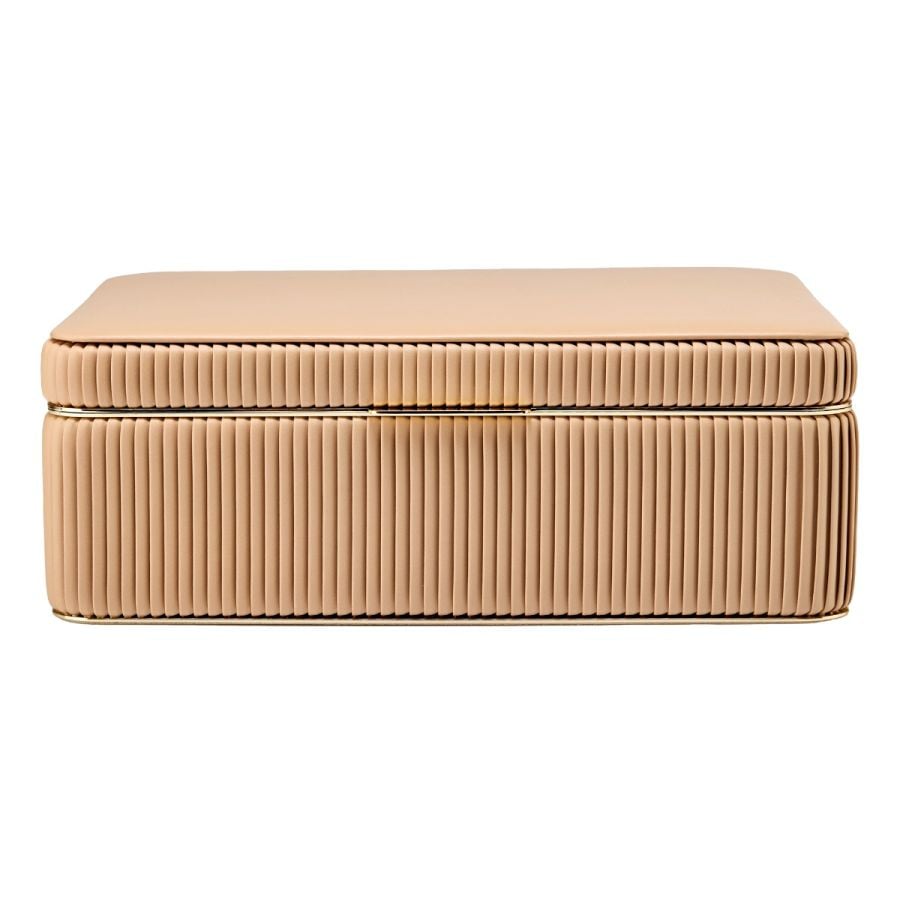 Coffret à bijoux beige clair à rayures  boite élégante pour femme avec détails dorés