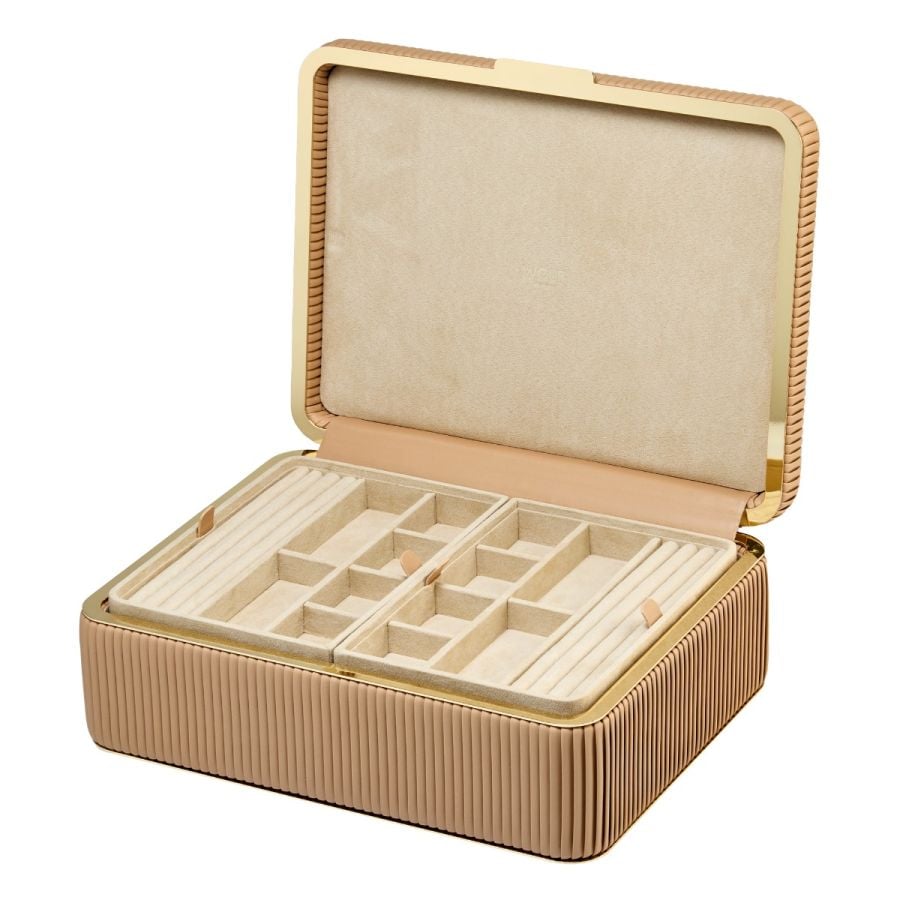 Coffret à bijoux beige clair à rayures  boite élégante pour femme avec détails dorés