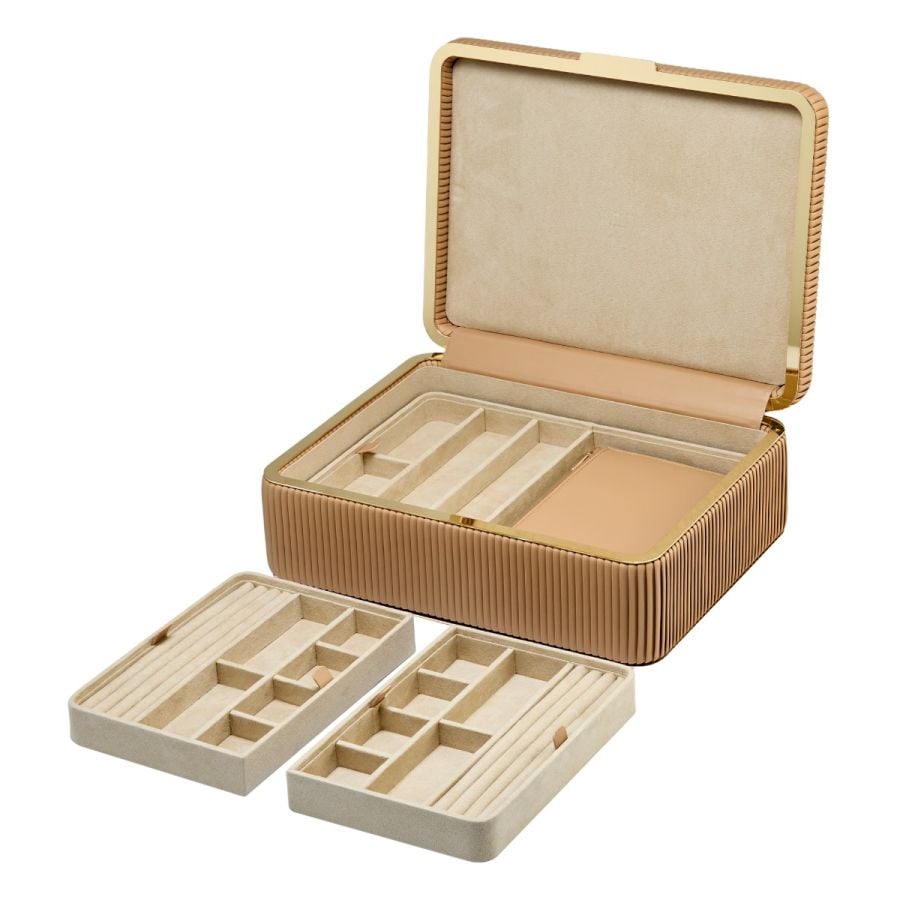 Coffret à bijoux beige clair à rayures  boite élégante pour femme avec détails dorés