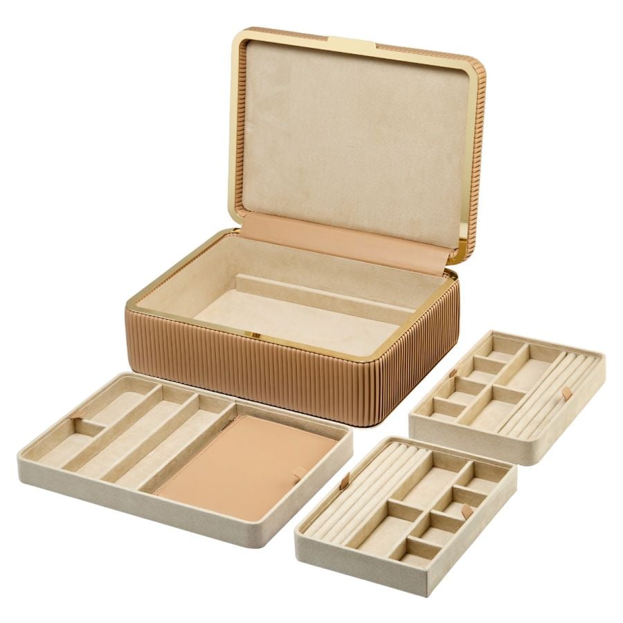 Coffret à bijoux beige clair à rayures  boite élégante pour femme avec détails dorés