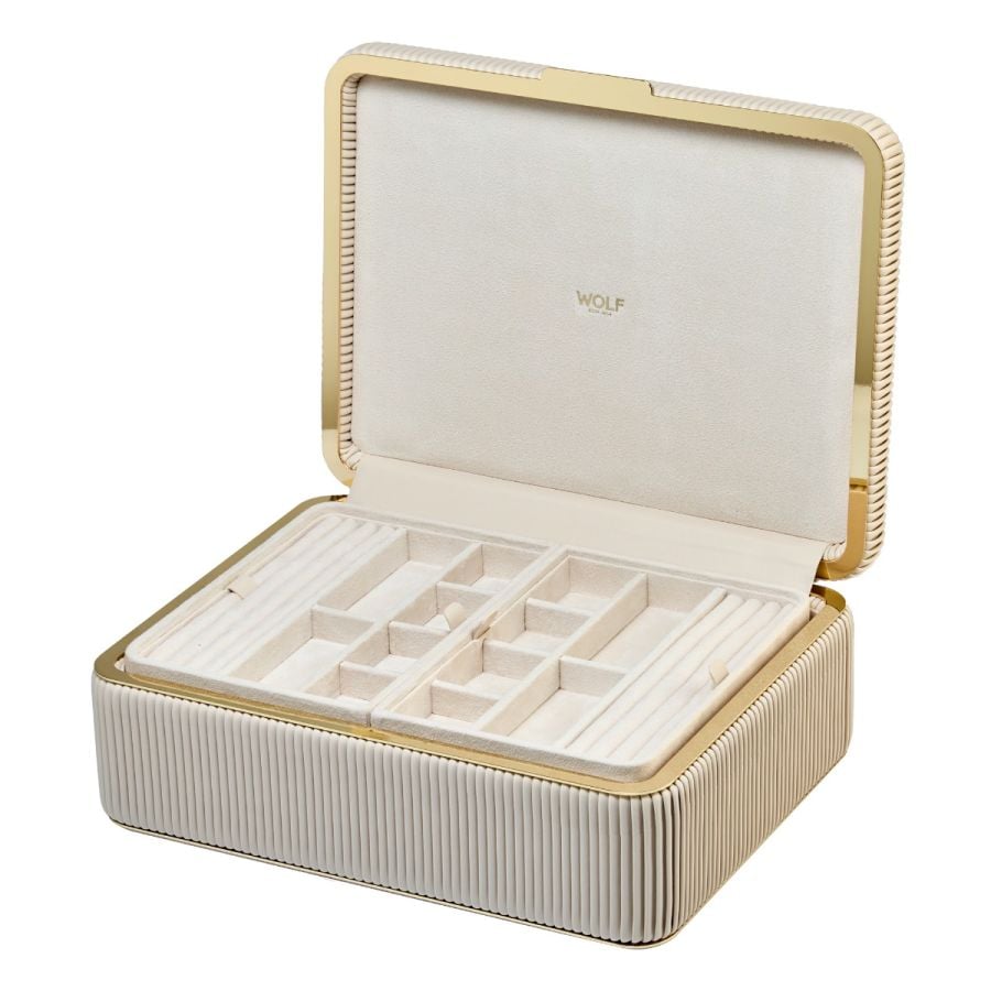 Coffret à bijoux beige à rayures 
 boite Élégante pour femme avec finition dorée