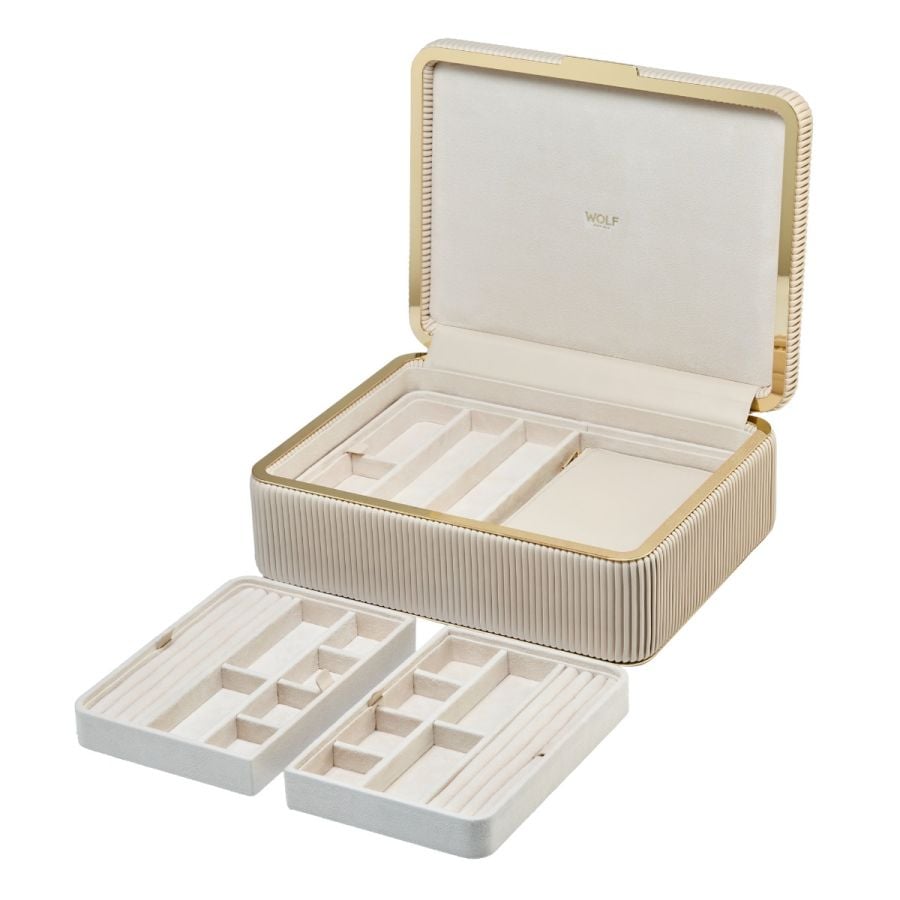 Coffret à bijoux beige à rayures 
 boite Élégante pour femme avec finition dorée