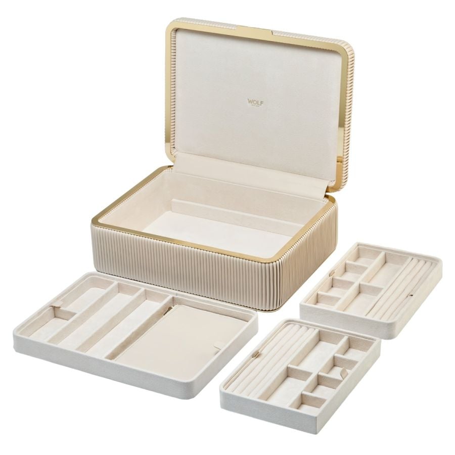 Coffret à bijoux beige à rayures 
 boite Élégante pour femme avec finition dorée